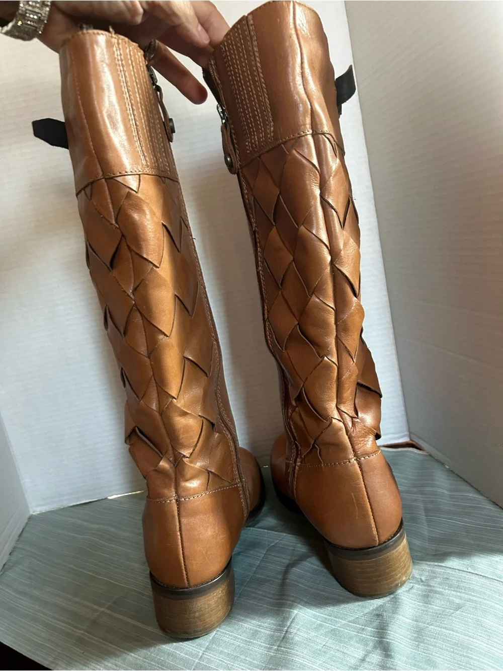 Women's Over-the-Knee Tan Leather Boots with Woven Side Detail
